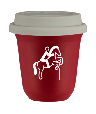 Tasse 150 ml ROUGE "Équitation 1 (blanc)", avec couvercle blanc Tasse 150 ml ROUGE "Équitation 1 (blanc)", avec couvercle blanc