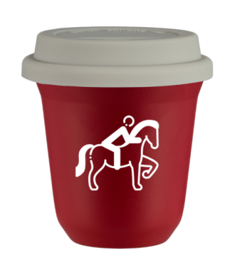 Tasse 150 ml ROUGE "Équitation 2 (blanc)", avec couvercle blanc Tasse 150 ml ROUGE "Équitation 2 (blanc)", avec couvercle blanc