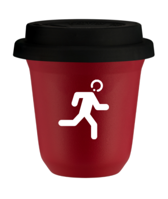 Tasse 150 ml ROUGE "Coureur (blanc)", avec couvercle noir Tasse 150 ml ROUGE "Coureur (blanc)", avec couvercle noir