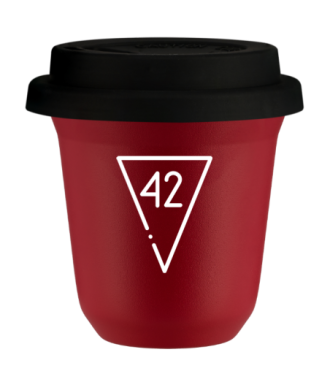 Tasse 150 ml ROUGE "42 (blanc)", avec couvercle noir Tasse 150 ml ROUGE "42 (blanc)", avec couvercle noir