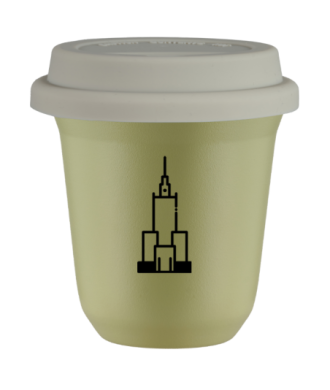Tasse 150 ml PISTACHE "Pałac kultury i nauki (noir)", avec couvercle blanc Tasse 150 ml PISTACHE "Pałac kultury i nauki (noir)", avec couvercle blanc