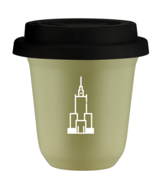Tasse 150 ml PISTACHE "Pałac kultury i nauki (blanc)", avec couvercle noir Tasse 150 ml PISTACHE "Pałac kultury i nauki (blanc)", avec couvercle noir