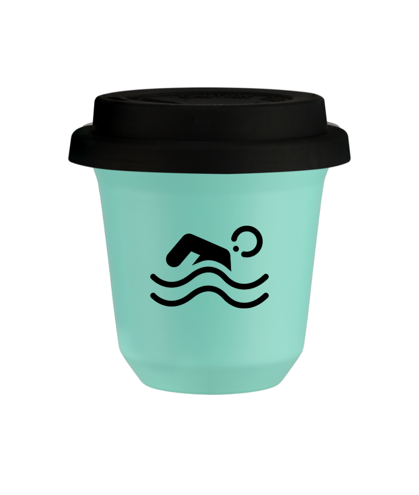 Tasse 80 ml TURQUOISE "Natation (noir)", avec couvercle noir