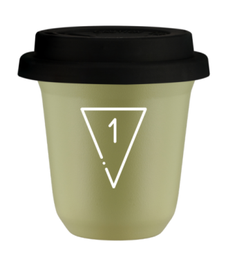 Tasse 150 ml PISTACHE "1 (blanc)", avec couvercle noir Tasse 150 ml PISTACHE "1 (blanc)", avec couvercle noir