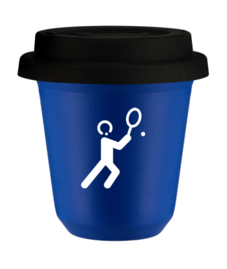 Tasse 150 ml BLEU "Tennis 1 (blanc)", avec couvercle noir Tasse 150 ml BLEU "Tennis 1 (blanc)", avec couvercle noir