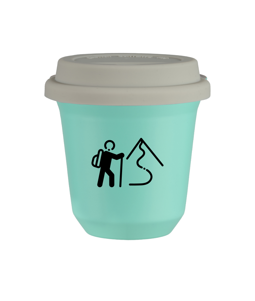 Tasse 80 ml TURQUOISE "Escalade 2 (noir)", avec couvercle blanc