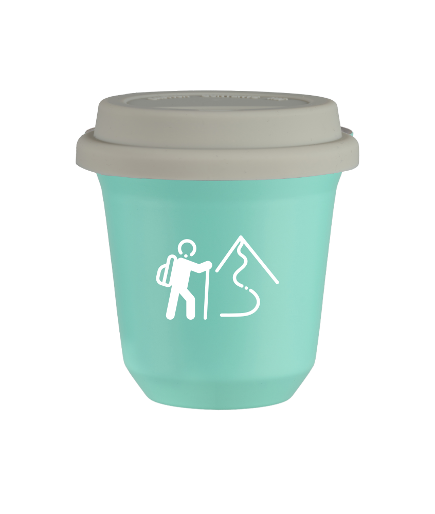 Tasse 80 ml TURQUOISE "Escalade 2 (blanc)", avec couvercle blanc Tasse 80 ml TURQUOISE "Escalade 2 (blanc)", avec couvercle blanc