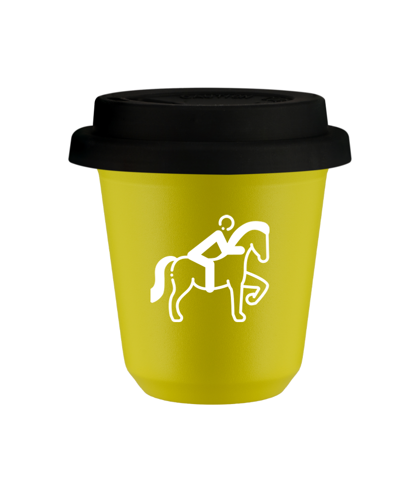 Tasse 150 ml JAUNE "Équitation 2 (blanc)", avec couvercle noir Tasse 150 ml JAUNE "Équitation 2 (blanc)", avec couvercle noir