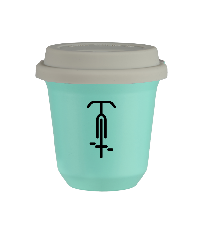 Tasse 80 ml TURQUOISE "Cyclisme 1 (noir)", avec couvercle blanc