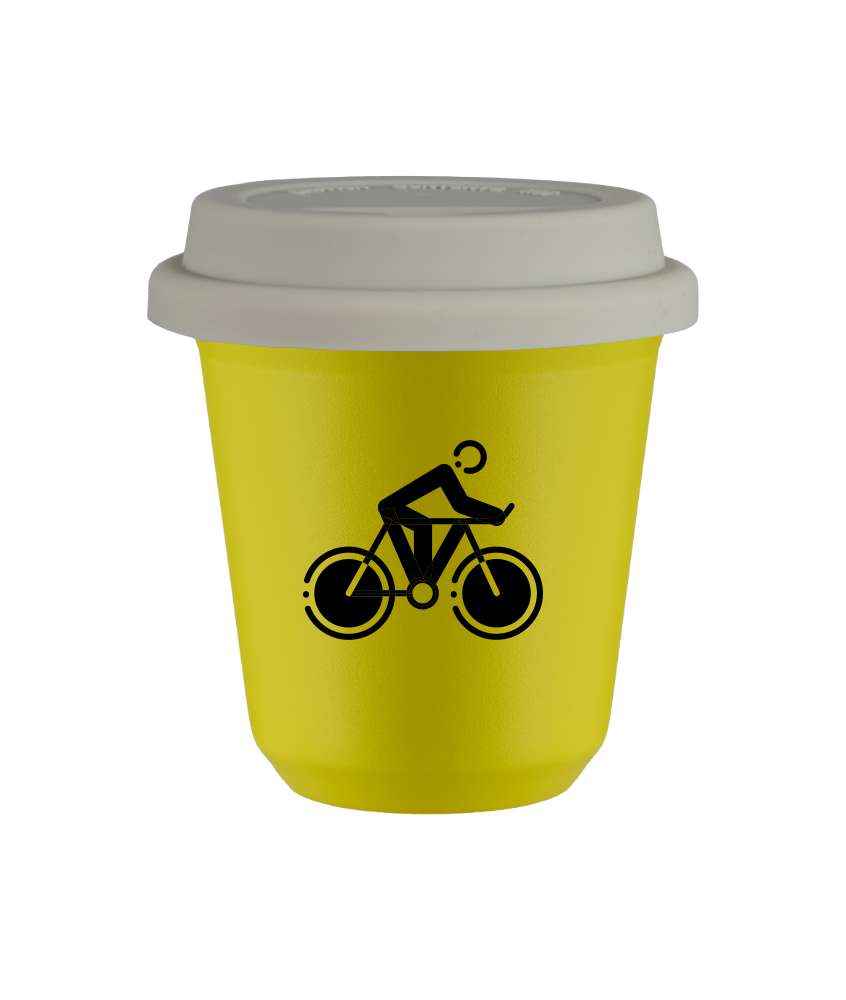 Tasse 150 ml JAUNE "Cyclisme 2 (noir)", avec couvercle blanc Tasse 150 ml JAUNE "Cyclisme 2 (noir)", avec couvercle blanc
