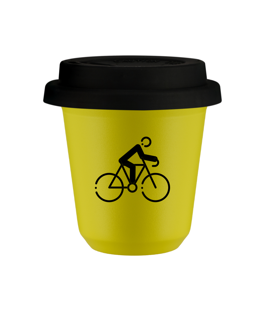 Tasse 150 ml JAUNE "Cyclisme 3", avec couvercle noir