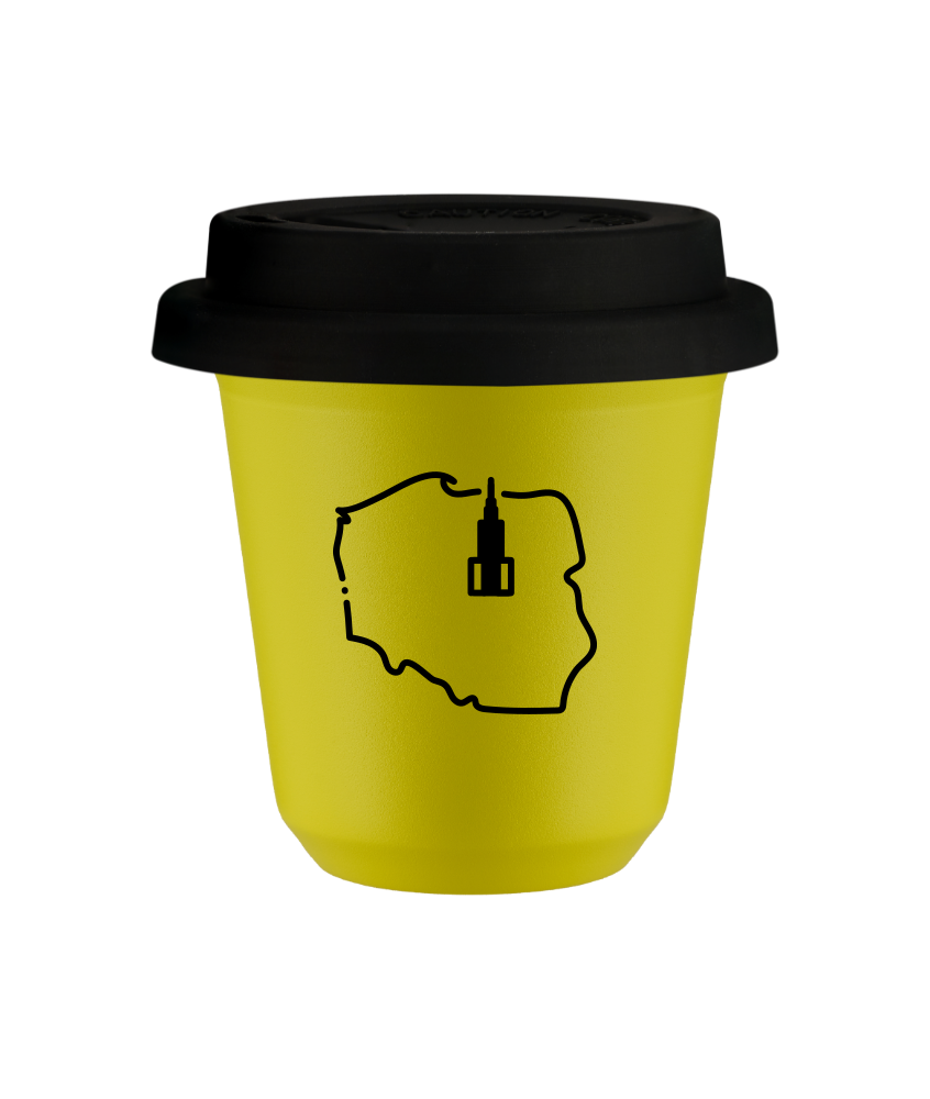 Tasse 150 ml JAUNE "Pologne (noir)", avec couvercle noir