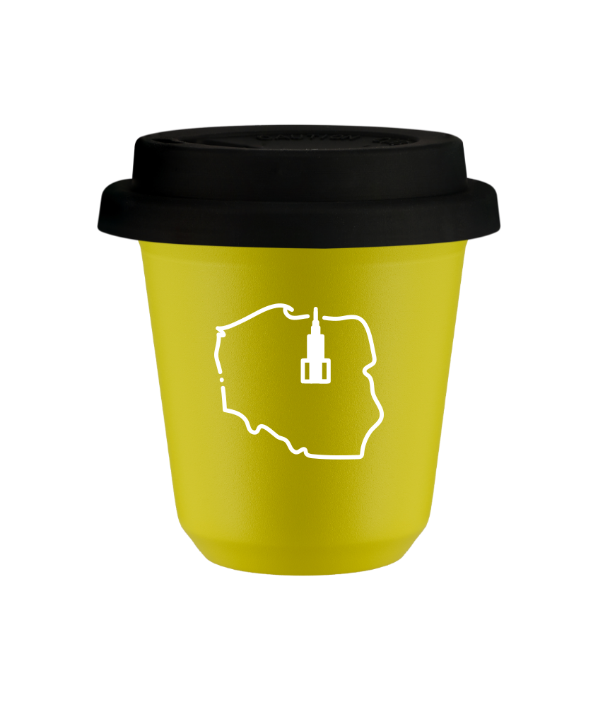 Tasse 150 ml JAUNE "Pologne (blanc)", avec couvercle noir Tasse 150 ml JAUNE "Pologne (blanc)", avec couvercle noir
