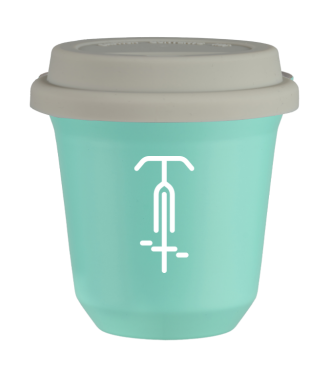 Tasse 80 ml TURQUOISE "Cyclisme 1 (blanc)", avec couvercle blanc Tasse 80 ml TURQUOISE "Cyclisme 1 (blanc)", avec couvercle blanc
