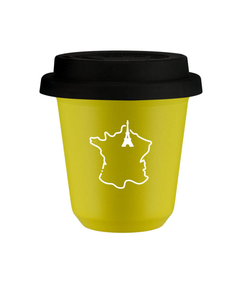 Tasse 150 ml JAUNE "France (blanc)", avec couvercle noir Tasse 150 ml JAUNE "France (blanc)", avec couvercle noir