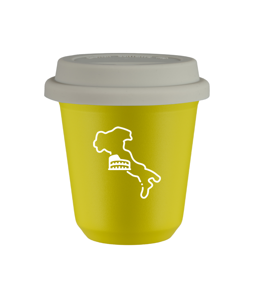 Tasse 150 ml JAUNE "Italie (blanc)", avec couvercle blanc