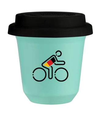 Tasse 80 ml TURQUOISE "Cycliste aux couleurs allemandes", avec couvercle noir Tasse 80 ml TURQUOISE "Cycliste aux couleurs allemandes", avec couvercle noir