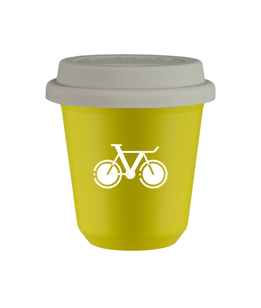 Tasse 150 ml JAUNE "Vélo 1 (blanc)", avec couvercle blanc Tasse 150 ml JAUNE "Vélo 1 (blanc)", avec couvercle blanc