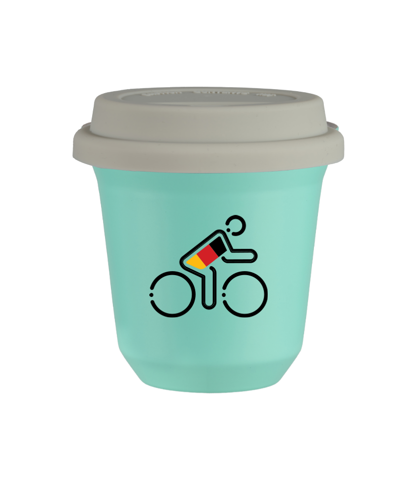 Tasse 80 ml TURQUOISE "Cycliste aux couleurs allemandes", avec couvercle blanc