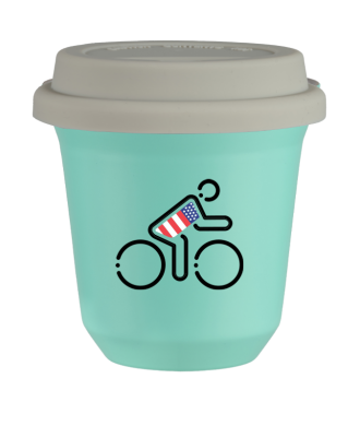 Tasse 80 ml TURQUOISE "Cycliste aux couleurs britanniques", avec couvercle blanc Tasse 80 ml TURQUOISE "Cycliste aux couleurs britanniques", avec couvercle blanc