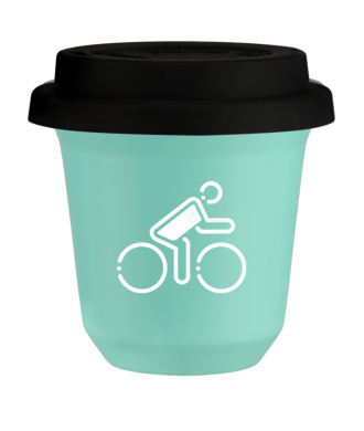 Tasse 80 ml TURQUOISE "Cycliste aux couleurs britanniques (blanc)", avec couvercle noir Tasse 80 ml TURQUOISE "Cycliste aux couleurs britanniques (blanc)", avec couvercle noir