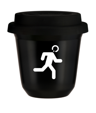 Tasse 80 ml NOIR "Coureur (blanc)", avec couvercle noir Tasse 80 ml NOIR "Coureur (blanc)", avec couvercle noir
