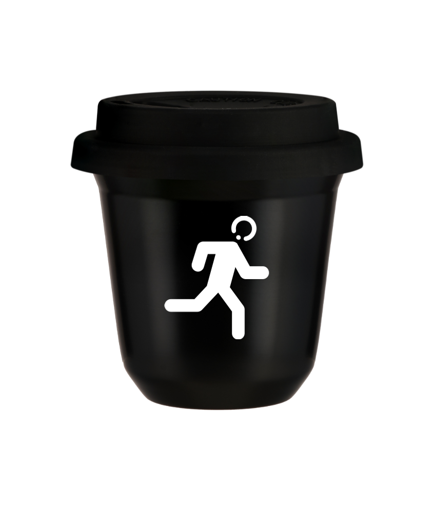Tasse 80 ml NOIR "Coureur (blanc)", avec couvercle noir