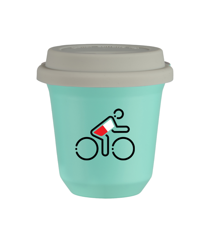 Tasse 80 ml TURQUOISE "Cycliste aux couleurs polonaises", avec couvercle blanc