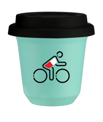 Tasse 80 ml TURQUOISE "Cycliste aux couleurs polonaises (noir)", avec couvercle noir Tasse 80 ml TURQUOISE "Cycliste aux couleurs polonaises (noir)", avec couvercle noir