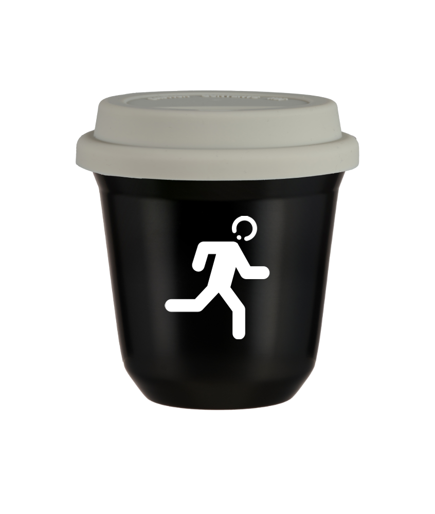 Tasse 80 ml NOIR "Coureur (blanc)", avec couvercle blanc
