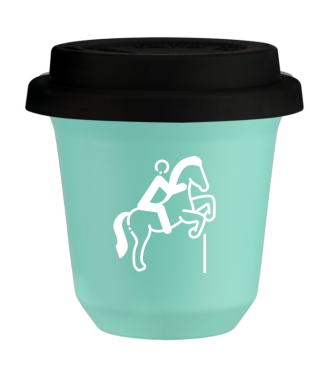 Tasse 80 ml TURQUOISE "Équitation 1 (blanc)", avec couvercle noir Tasse 80 ml TURQUOISE "Équitation 1 (blanc)", avec couvercle noir