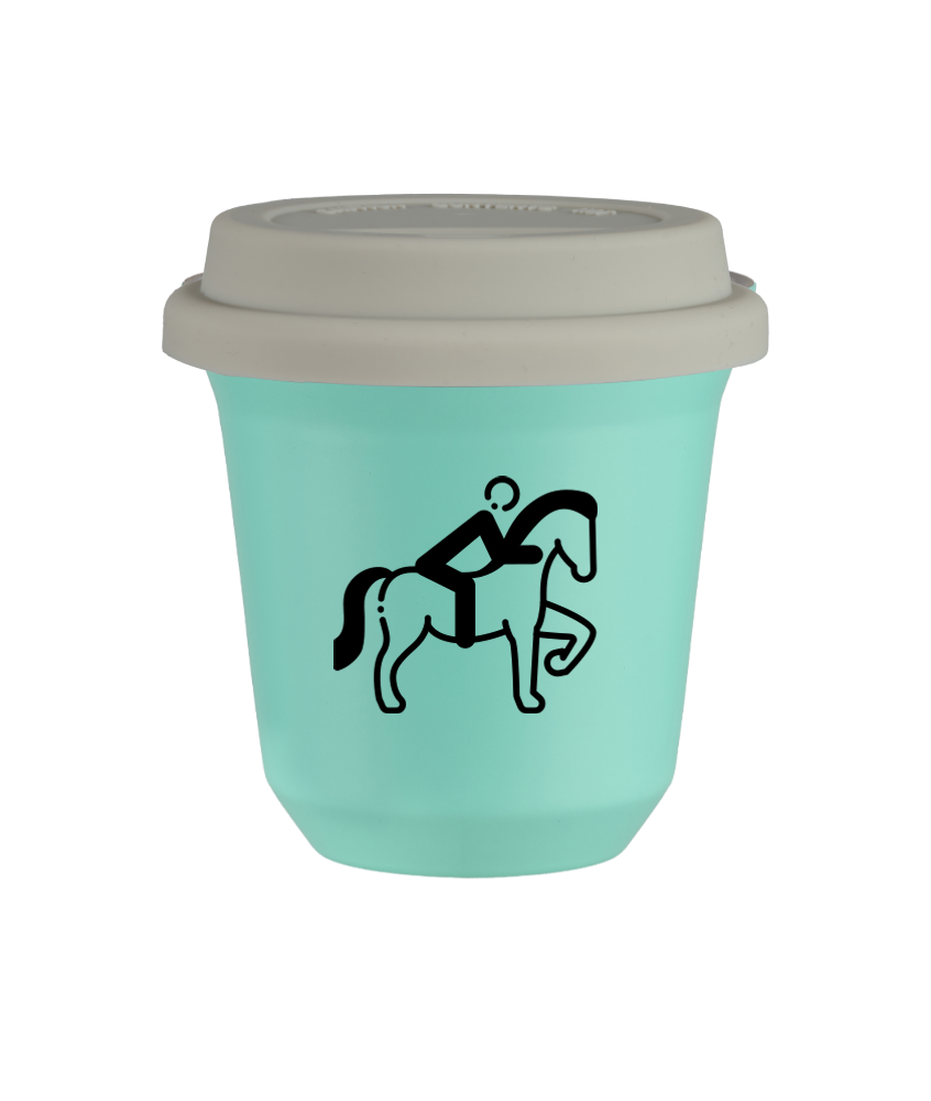 Tasse 80 ml TURQUOISE "Équitation 2", avec couvercle blanc