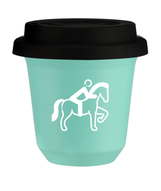 Tasse 80 ml TURQUOISE "Équitation 2 (blanc)", avec couvercle noir Tasse 80 ml TURQUOISE "Équitation 2 (blanc)", avec couvercle noir