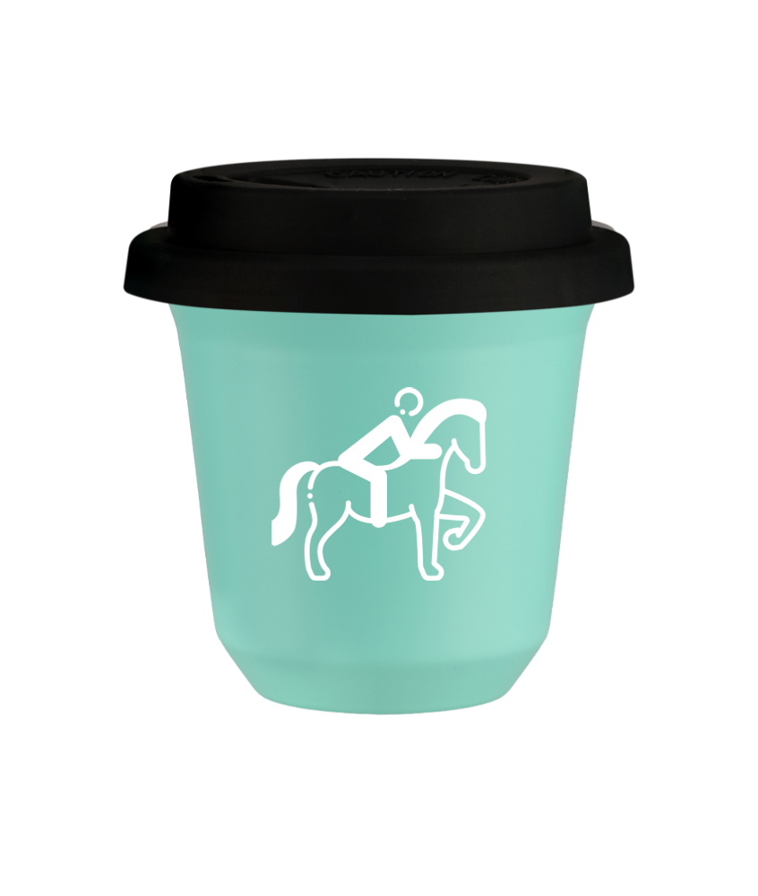 Tasse 80 ml TURQUOISE "Équitation 2 (blanc)", avec couvercle noir