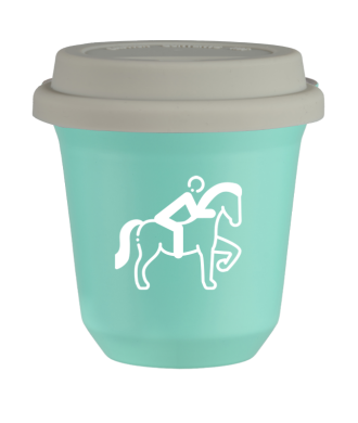 Tasse 80 ml TURQUOISE "Équitation 2 (blanc)", avec couvercle blanc Tasse 80 ml TURQUOISE "Équitation 2 (blanc)", avec couvercle blanc