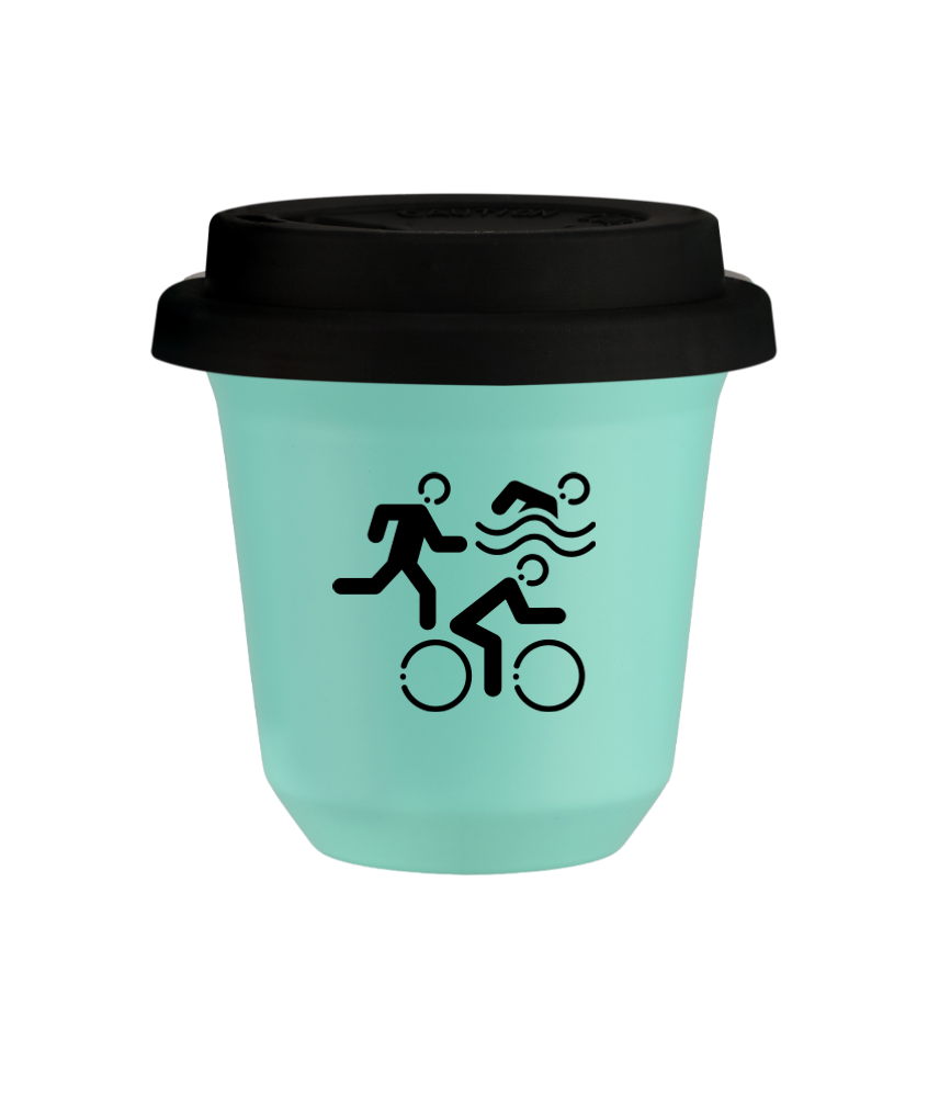 Tasse 80 ml TURQUOISE "Sports (noir)", avec couvercle noir