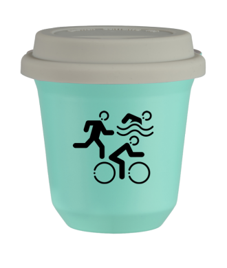 Tasse 80 ml TURQUOISE "Sports (noir)", avec couvercle blanc Tasse 80 ml TURQUOISE "Sports (noir)", avec couvercle blanc