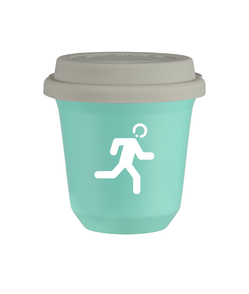 Tasse 80 ml TURQUOISE "Coureur (blanc)", avec couvercle blanc