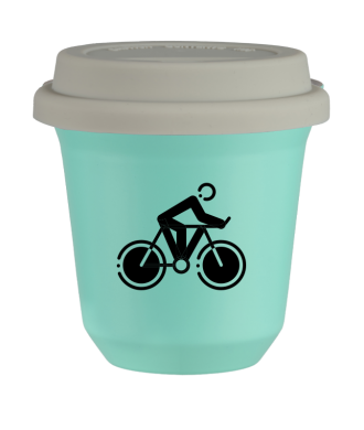Tasse 80 ml TURQUOISE "Cyclisme 2 (noir)", avec couvercle blanc Tasse 80 ml TURQUOISE "Cyclisme 2 (noir)", avec couvercle blanc