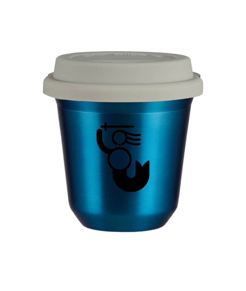 Tasse 240 ml BLEU MÉTALLIQUE "WARSZAWSKA SYRENKA", avec couvercle blanc Tasse 240 ml BLEU MÉTALLIQUE "WARSZAWSKA SYRENKA", avec couvercle blanc