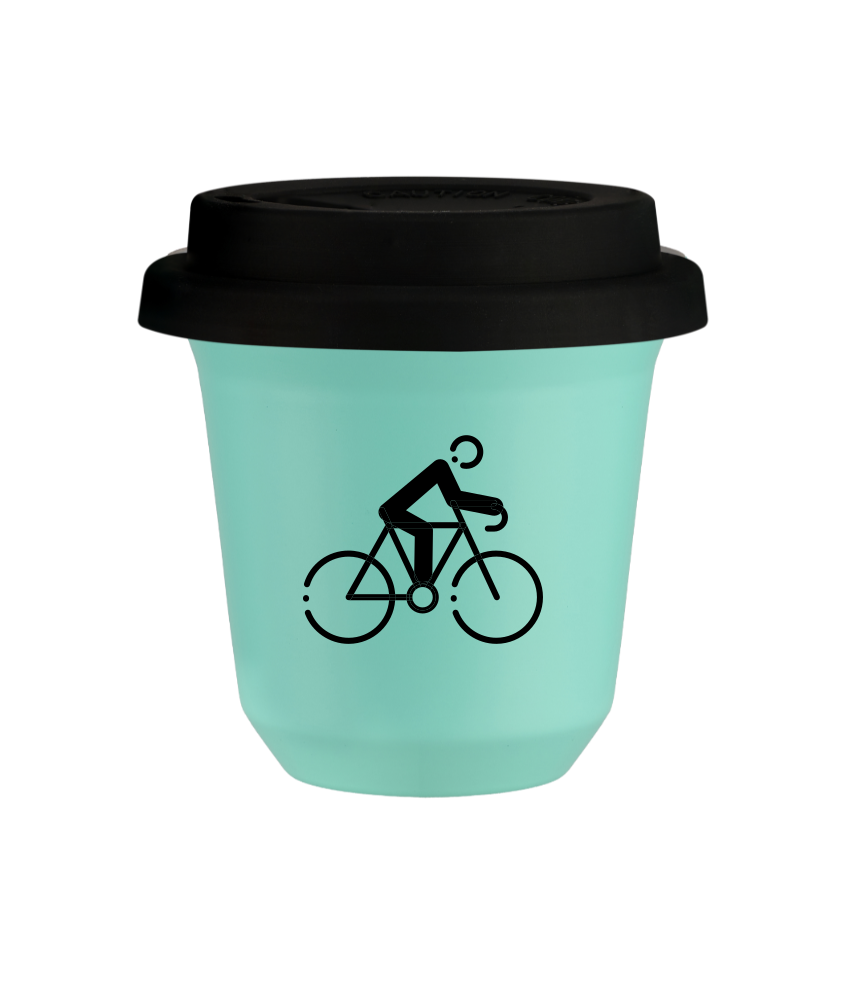 Tasse 80 ml TURQUOISE "Cyclisme 3 (noir)", avec couvercle noir