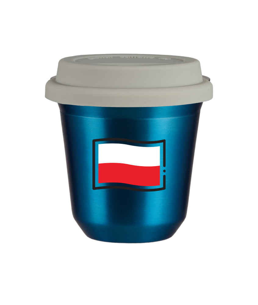 Tasse 240 ml BLEU MÉTALLIQUE "Drapeau polonais", avec couvercle blanc Tasse 240 ml BLEU MÉTALLIQUE "Drapeau polonais", avec couvercle blanc