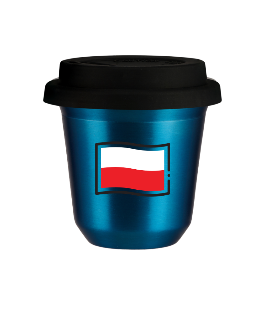 Tasse 240 ml BLEU MÉTALLIQUE "Drapeau polonais (noir)", avec couvercle noir