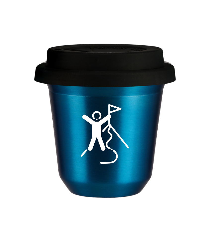 Tasse 240 ml BLEU MÉTALLIQUE "Escalade 1 (blanc)", avec couvercle noir
