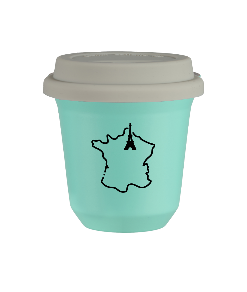 Tasse 80 ml TURQUOISE "France", avec couvercle blanc