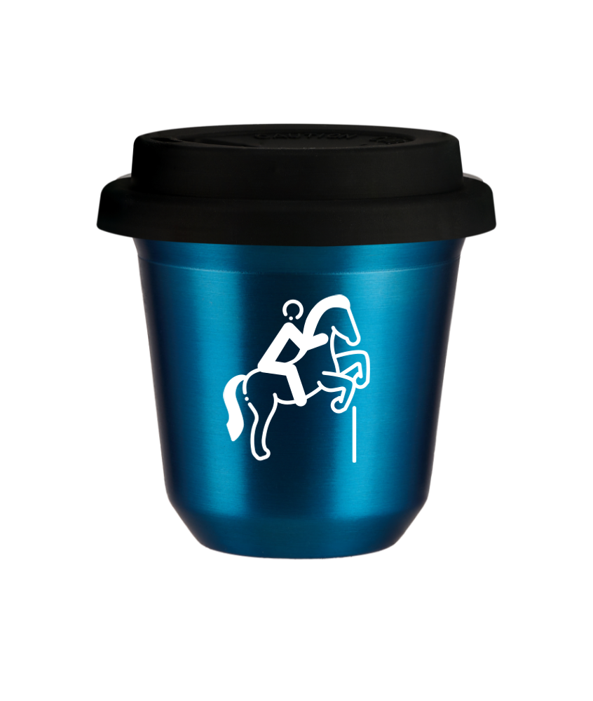 Tasse 240 ml BLEU MÉTALLIQUE "Équitation 1 (blanc)", avec couvercle noir