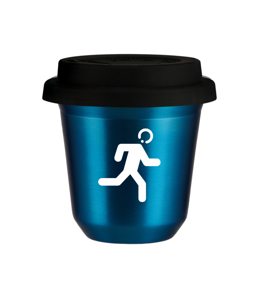 Tasse 240 ml BLEU MÉTALLIQUE "Coureur (blanc)", avec couvercle noir Tasse 240 ml BLEU MÉTALLIQUE "Coureur (blanc)", avec couvercle noir