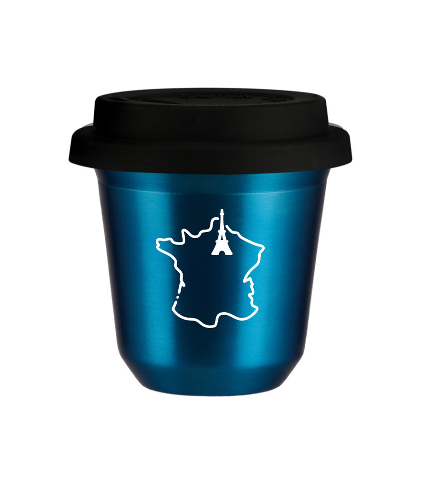 Tasse 240 ml BLEU MÉTALLIQUE "France (blanc)", avec couvercle noir Tasse 240 ml BLEU MÉTALLIQUE "France (blanc)", avec couvercle noir