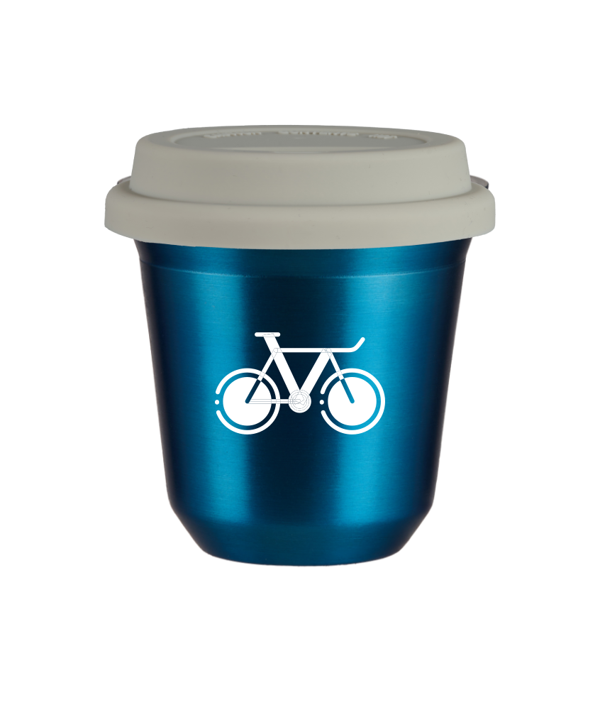 Tasse 240 ml BLEU MÉTALLIQUE "Vélo 1 (blanc)", avec couvercle blanc
