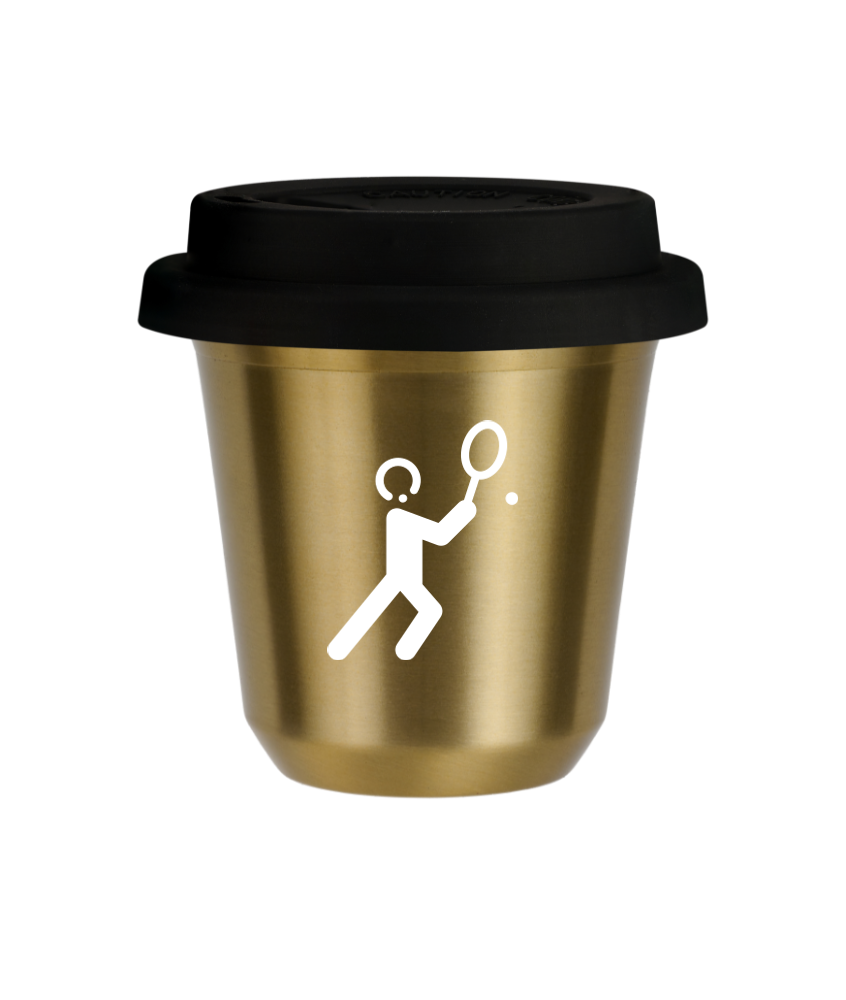Tasse 240 ml OR "Tennis 1 (blanc)", avec couvercle noir
